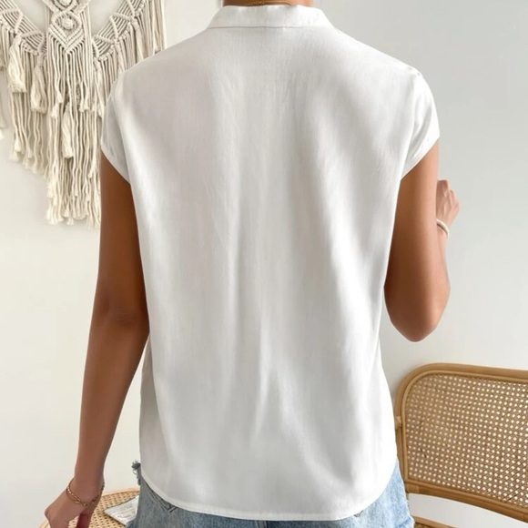 Batwing Short sleeve button up shirt white casual boho - Picture 3 of 3